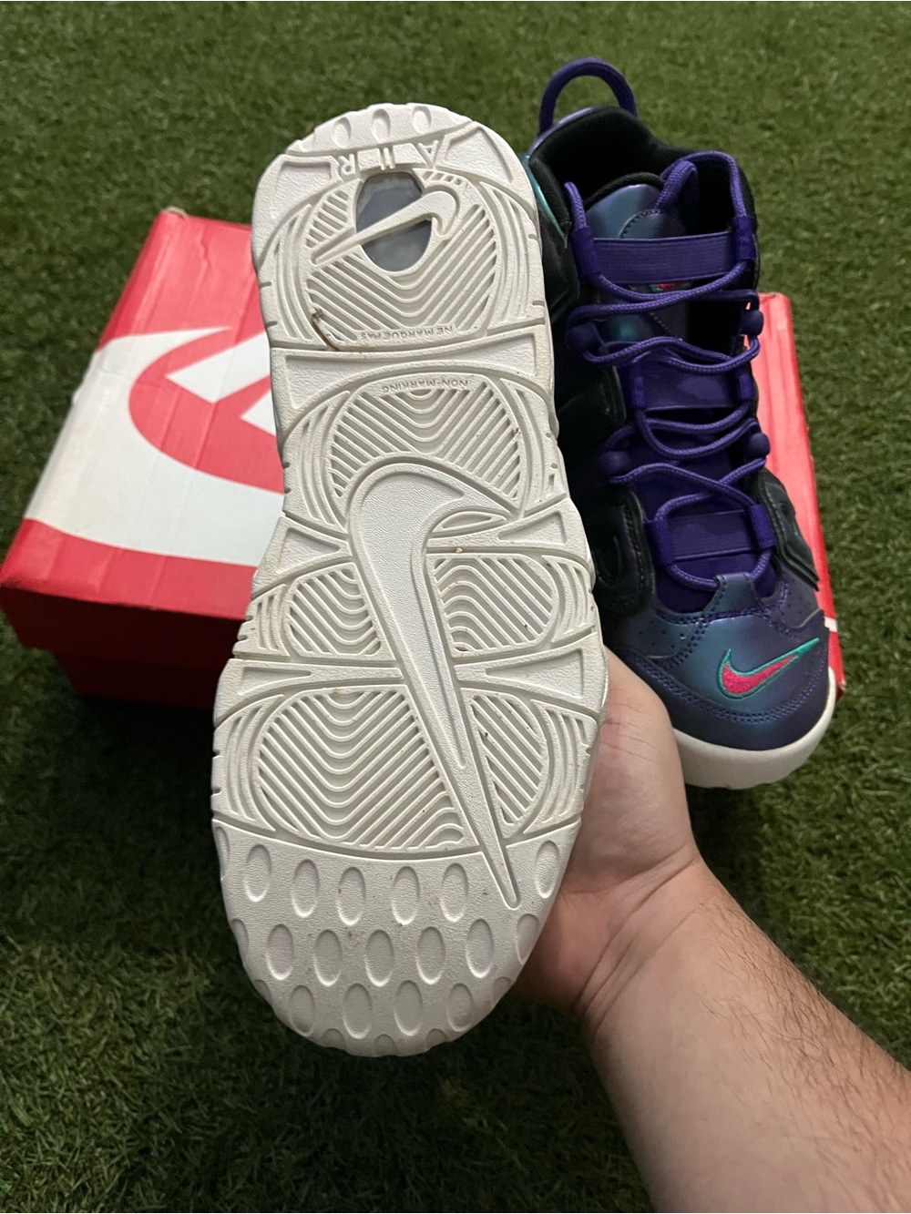 Nike Iridescent Purple Teal Air More Uptempo Sneakers - Picture 4 of 8